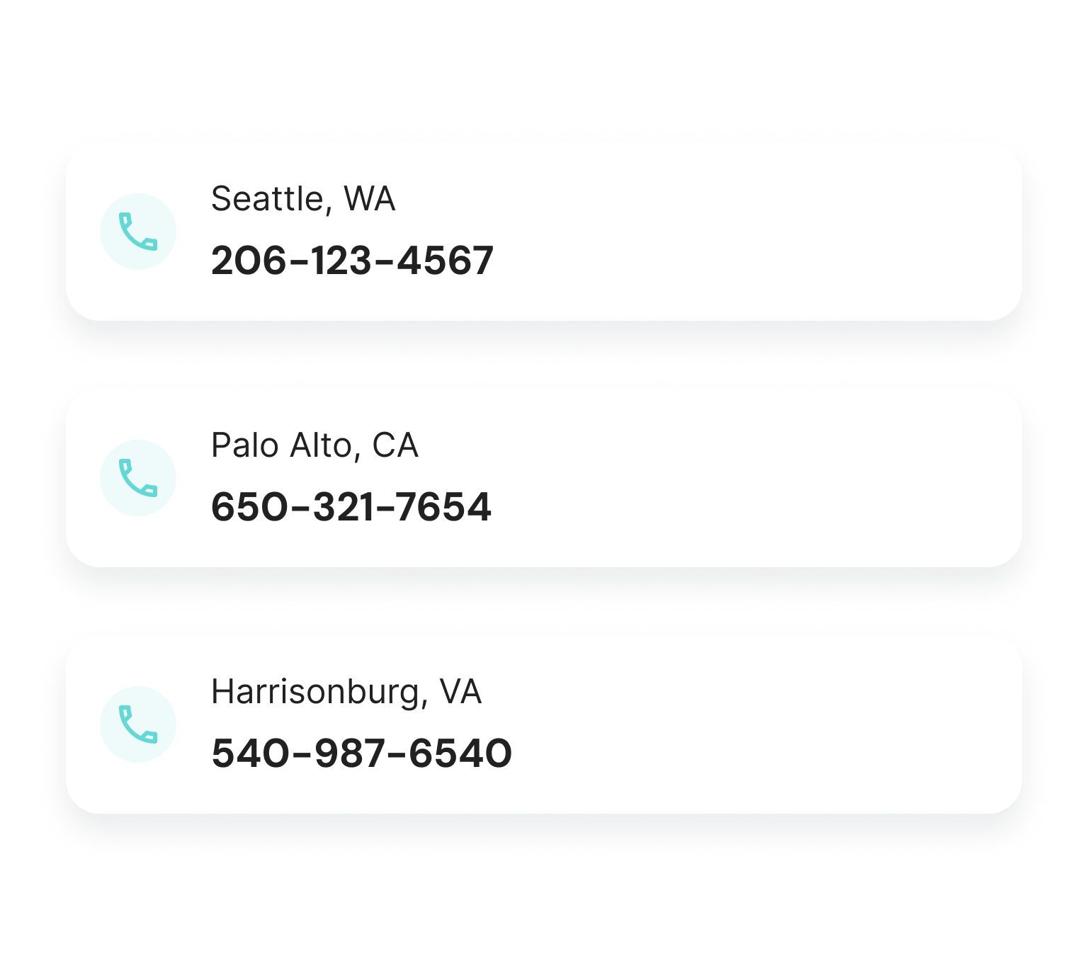 An image displaying 3 different local Goodcall numbers, one from Seattle, one from Palo Alto, and one from Harrisonburg Virginia. 