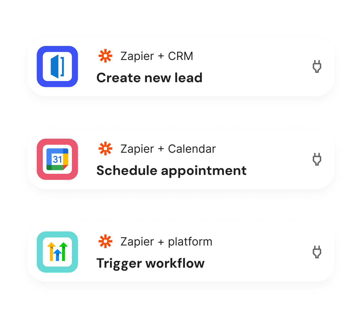 An image showcasing Goodcall executing critical tasks in 3 different tools: creating a lead in a CRM, scheduling an appointment in a calendar, or triggering a workflow in an external platform