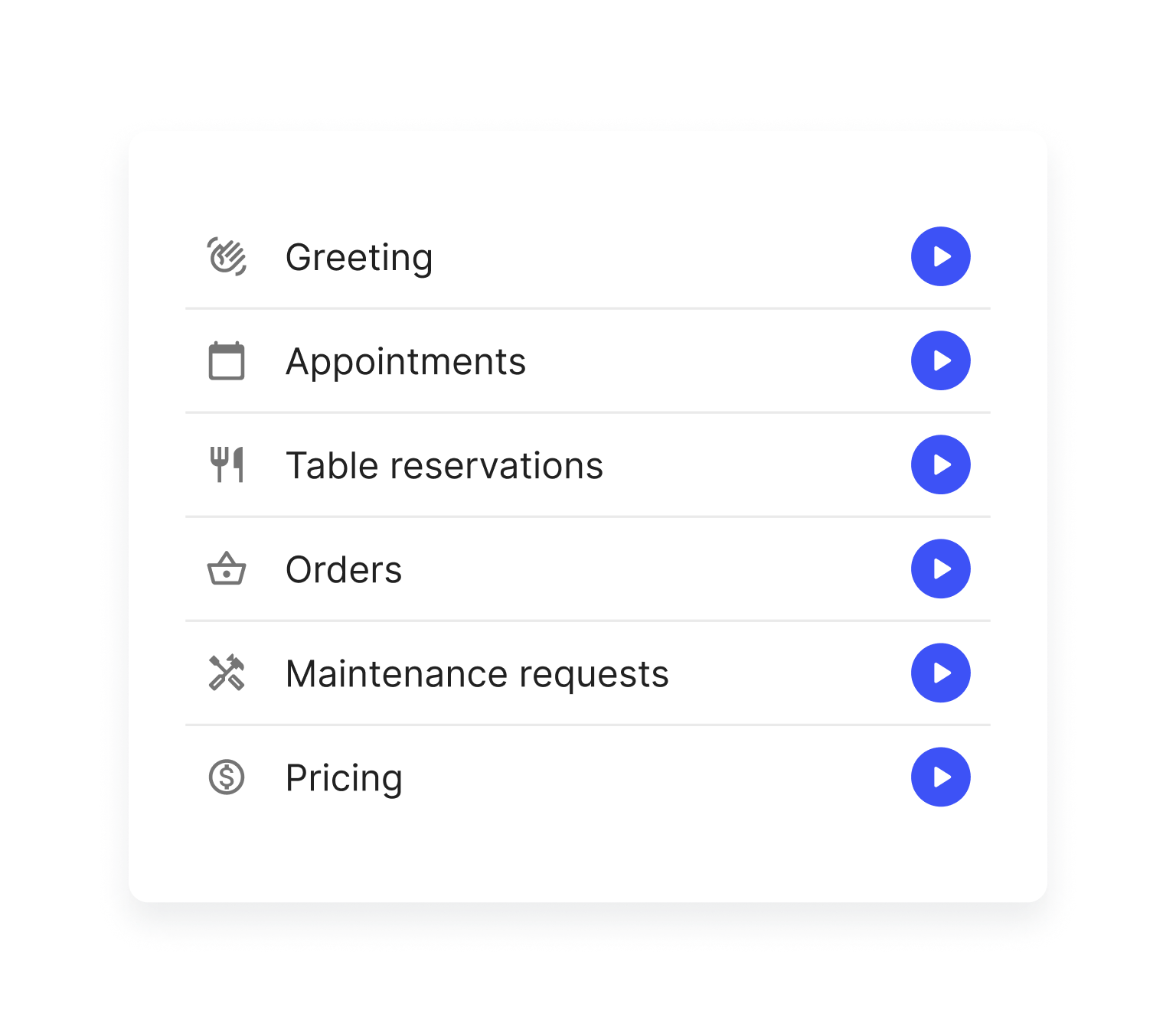 An image showcasing the Goodcall skills feature, highlighting a list of various AI-driven workflows like bookings, orders, lead capture, maintenance requests, and more